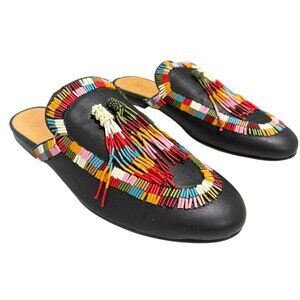 Farm Rio $165 MSRP Beaded Slip On Black Leather Mule Shoes Size 7 New